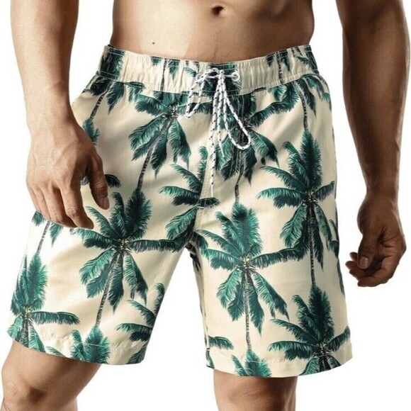 NWT JOTOOK Men's Palm Tree Drawstring Elastic Waist Swim Trunks Size Small - Picture 1 of 10